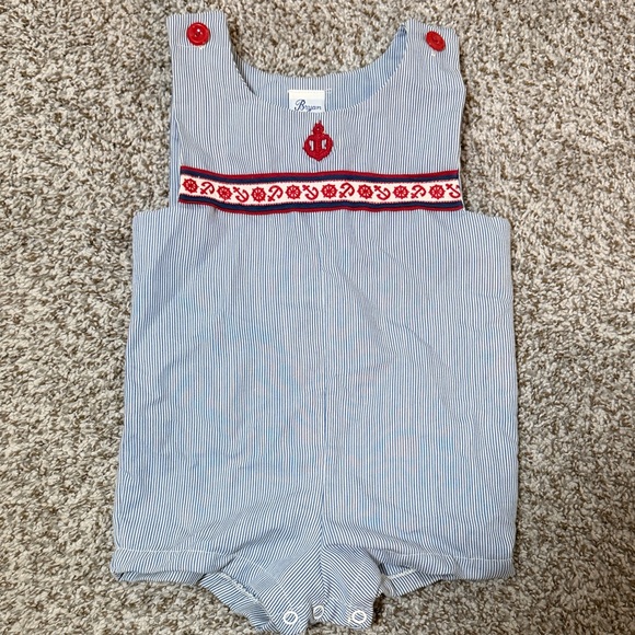 Bryan Other - Bryan Vintage Infant Blue & White Pinstripe Bubble Romper w/ Nautical Embroidery